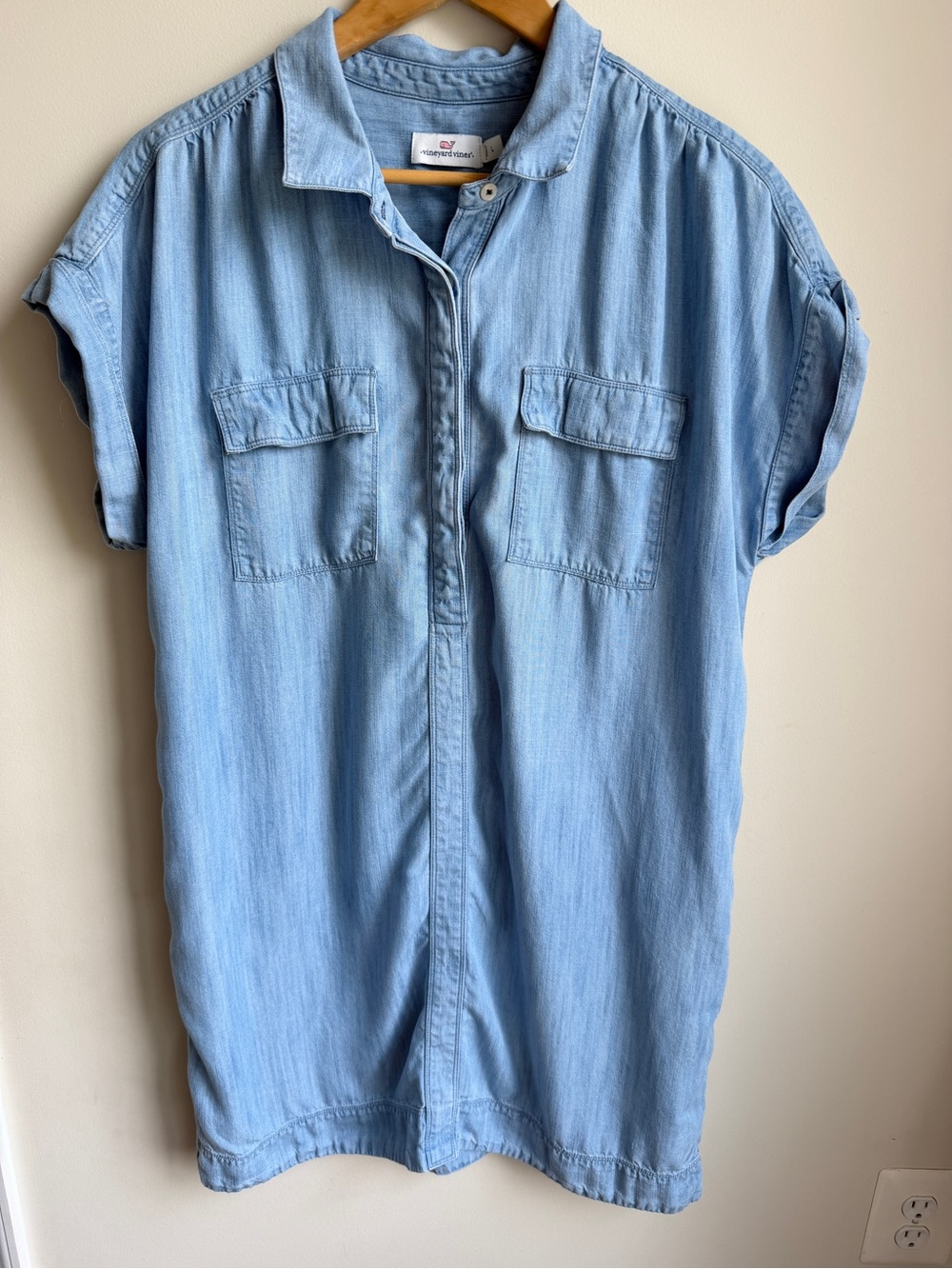 Vineyard Vines Lyocell Chambray Denim Sort Sleeve Tunic Mini Dress Womens L